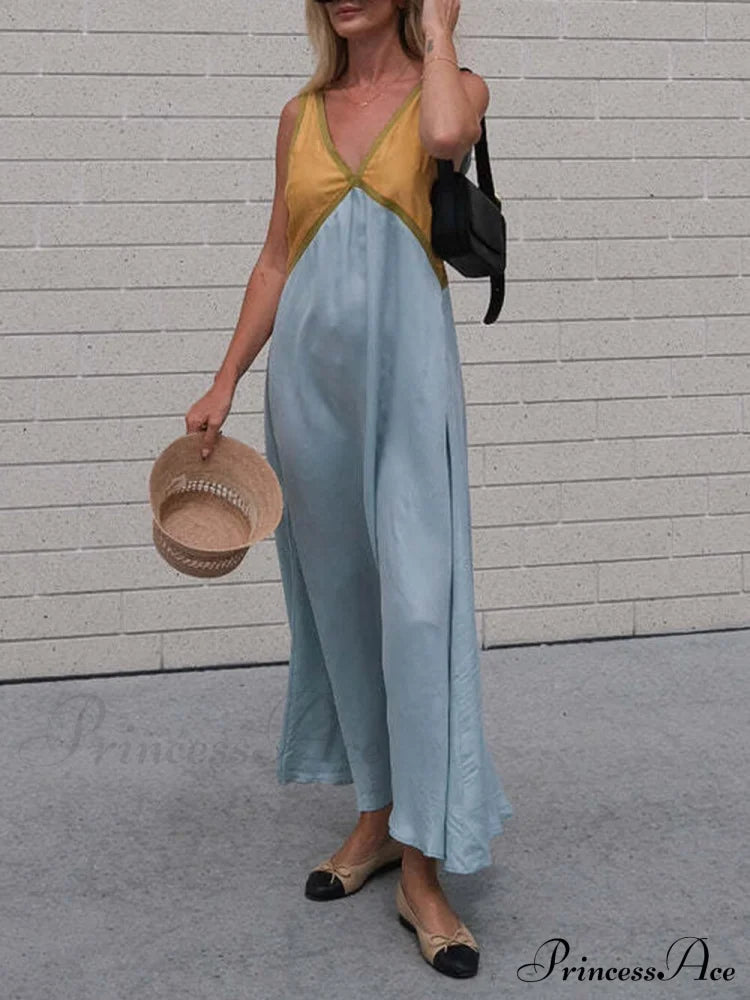 Splicing Chic V-Neck Charming Contrasting Color Dress Yellow / S Dresses