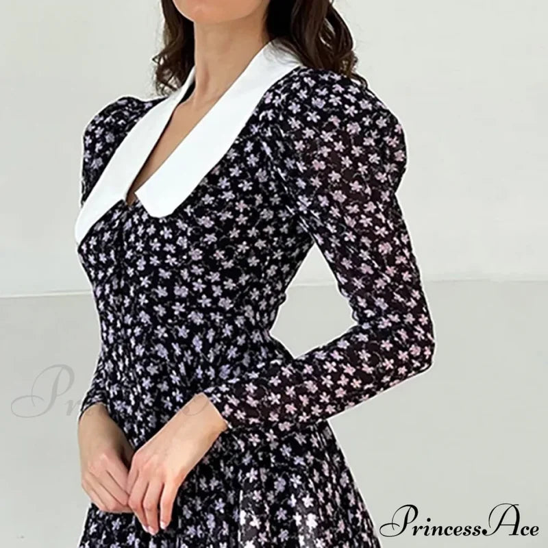 2024 Spring French Puff Sleeve Women’s Doll Collar Waist Long A-Link Skirt Summer Floral Dress