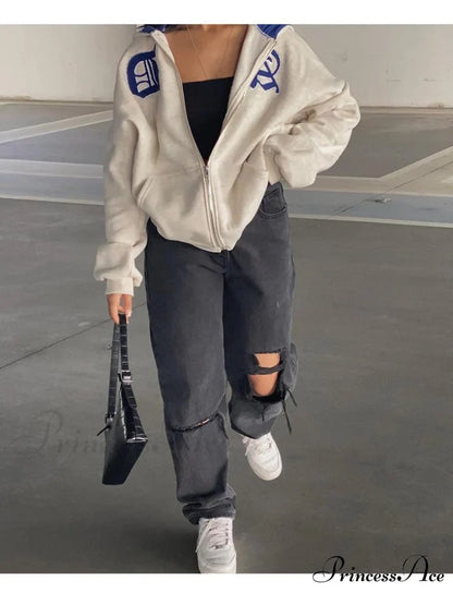 Spring Hoodie Hop Zipper Y2K Oversized Women’s Gray Embroidery Letter Streetwear Punk Hip Sweatshirt