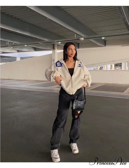 Spring Hoodie Hop Zipper Y2K Oversized Women’s Gray Embroidery Letter Streetwear Punk Hip Sweatshirt