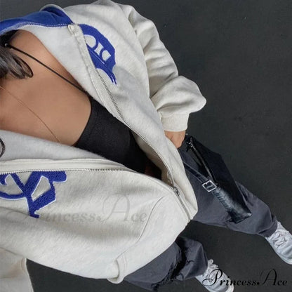 Spring Hoodie Hop Zipper Y2K Oversized Women’s Gray Embroidery Letter Streetwear Punk Hip Sweatshirt