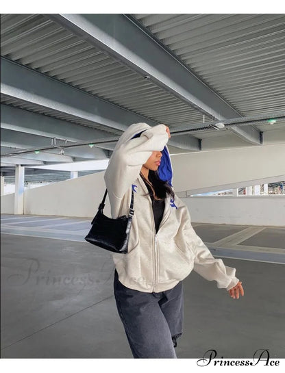 Spring Hoodie Hop Zipper Y2K Oversized Women’s Gray Embroidery Letter Streetwear Punk Hip Sweatshirt