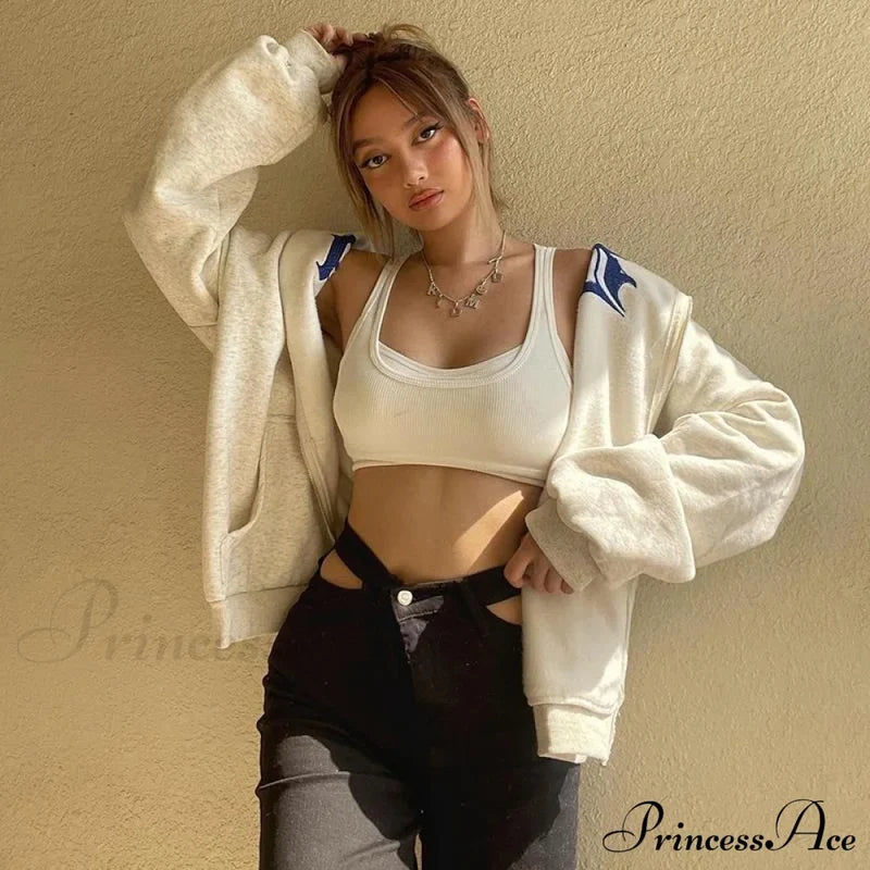 Spring Hoodie Hop Zipper Y2K Oversized Women’s Gray Embroidery Letter Streetwear Punk Hip Sweatshirt