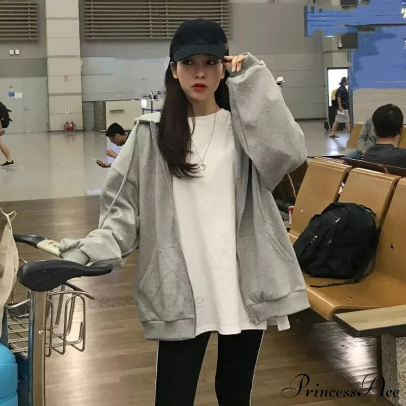 Spring Hoodie Hop Zipper Y2K Oversized Women’s Gray Embroidery Letter Streetwear Punk Hip