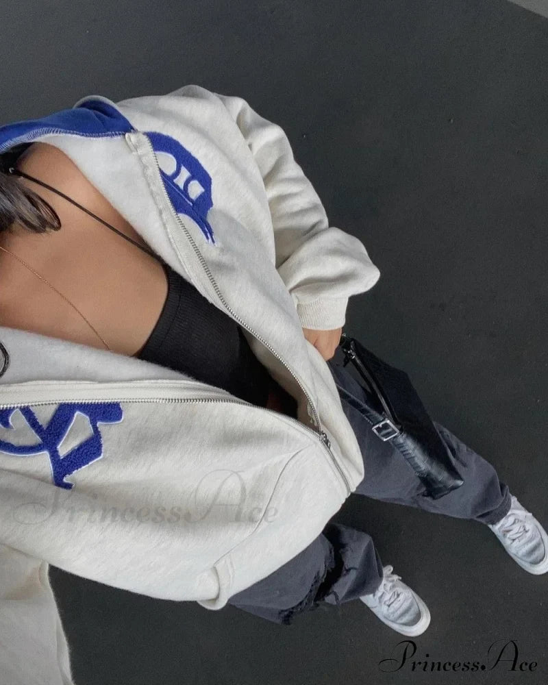 Spring Hoodie Hop Zipper Y2K Oversized Women’s Gray Embroidery Letter Streetwear Punk Hip