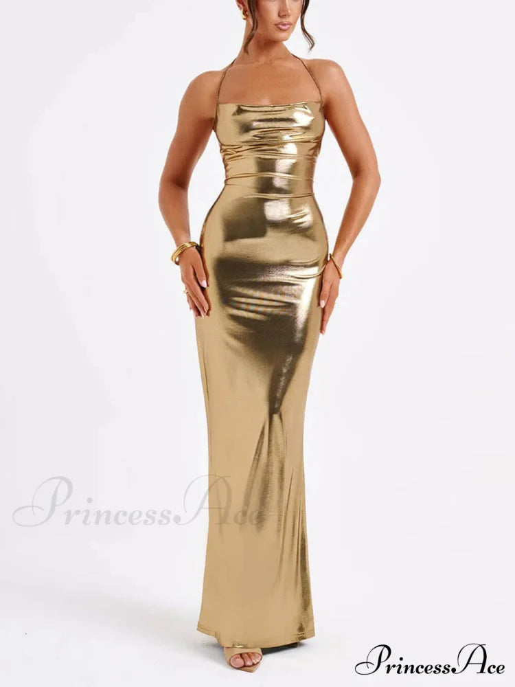 Spring Swing Collar Glossy Graceful Metallic Backless Maxi Dress Gold / S Dresses