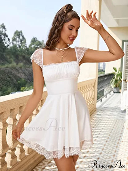 Square Neck Flowy Ruched Bust Dress With Lace M / Black White Lace Dress