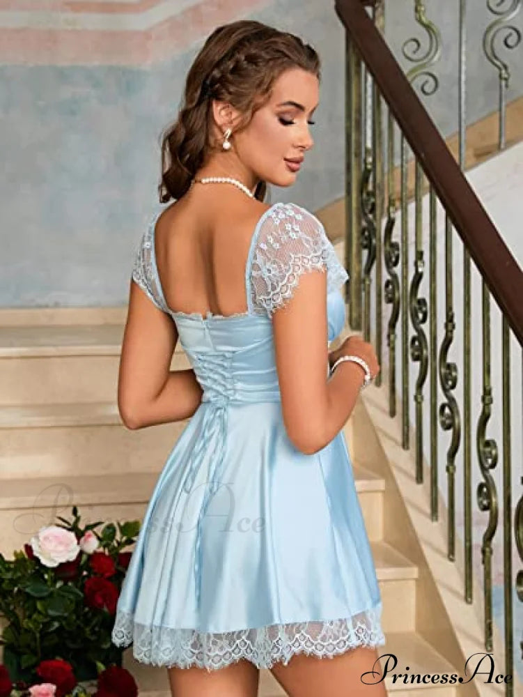 Square Neck Flowy Ruched Bust Dress With Lace S / Yellow White Lace Dress
