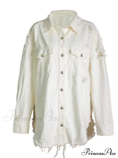 Star Denim Jean Jacket with Pockets Ivory clothes Huango long sleeve shirt long sleeve shirts long sleeve tops Ship From Overseas shirt shirts tops