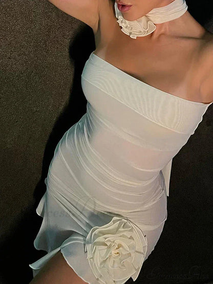 Strapless Appliqued Asymmetrical Off Shoulder Slim Split Elegant Party Club Bodycon Dress