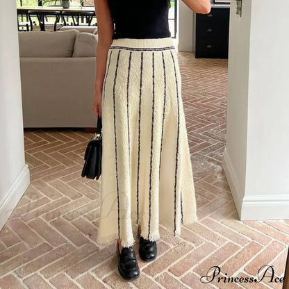 Striped Casual Vintage Elastic Waist Tassel Skirt