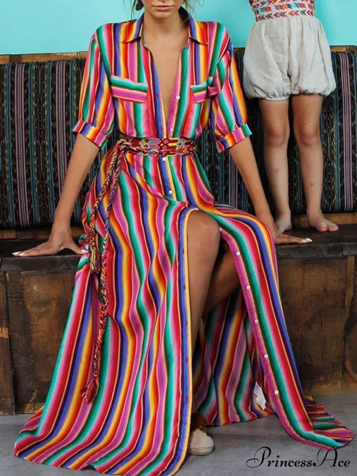 Striped Full-Length Bohemia Dress S / Rainbow Dresses