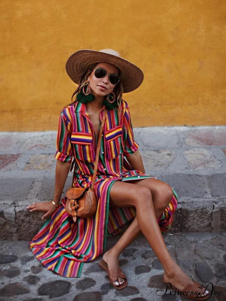 Striped Full-Length Bohemia Dress S / Black Dresses