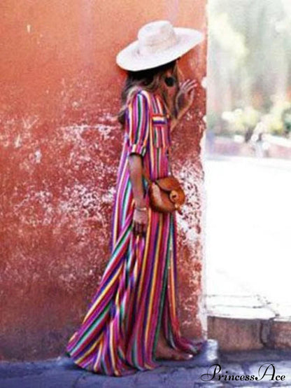 Striped Full-Length Bohemia Dress S / Purple Dresses