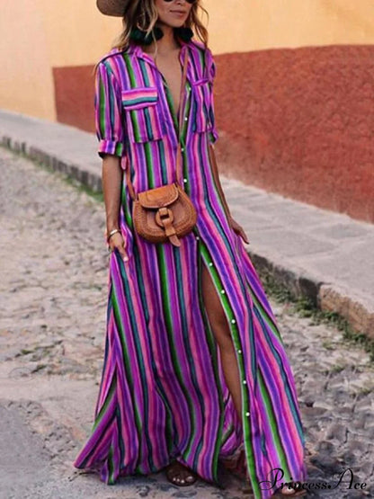 Striped Full-Length Bohemia Dress S / Blue Dresses