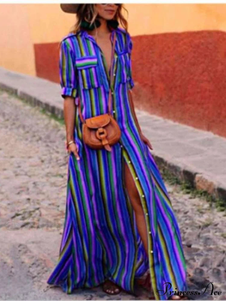 Striped Full-Length Bohemia Dress M / Black Dresses