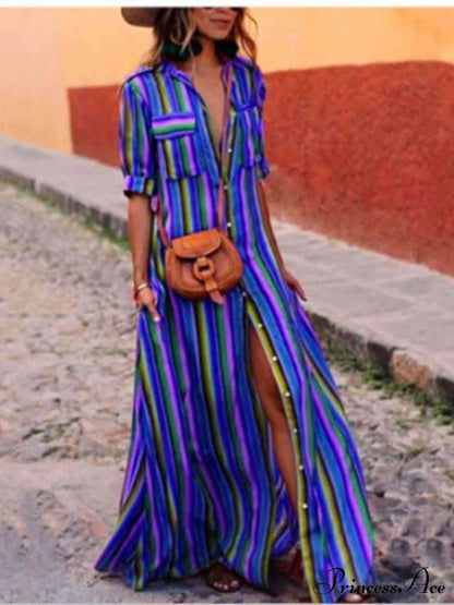 Striped Full-Length Bohemia Dress M / Black Dresses