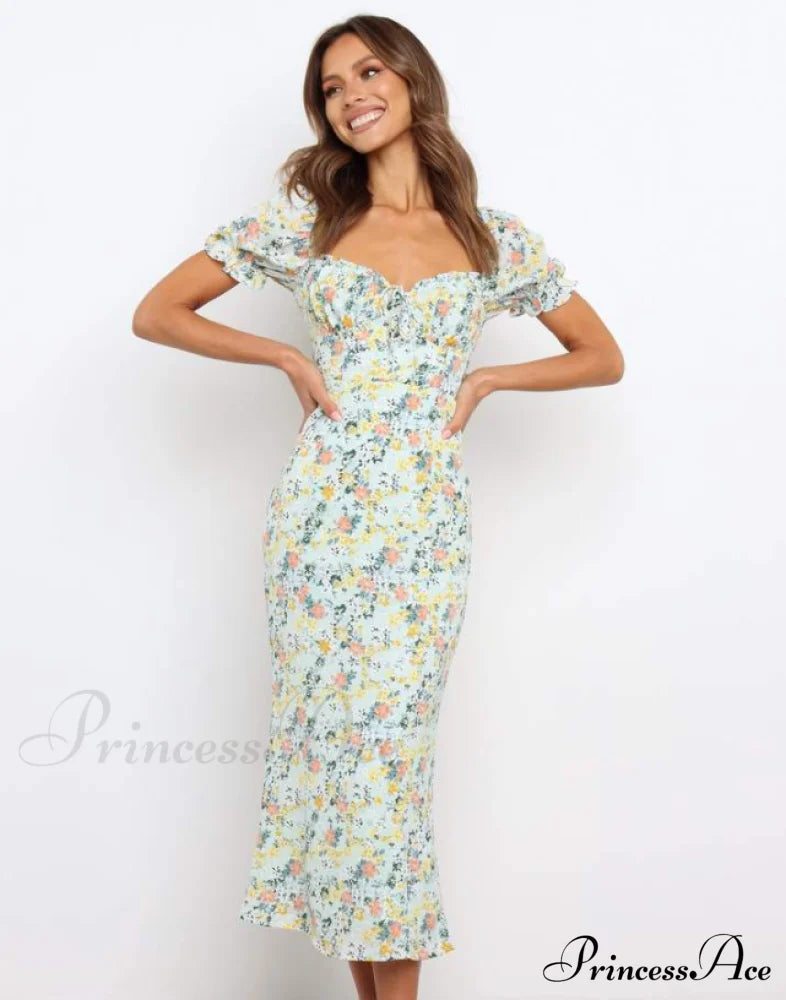 Summer Beach Sweet Dress With Puff Sleeves And Ruffles S / Green Dresses