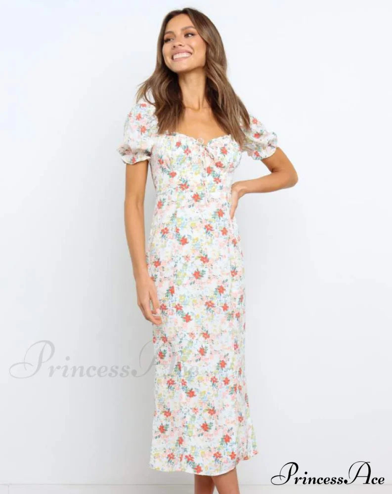 Summer Beach Sweet Dress With Puff Sleeves And Ruffles M / Green Dresses