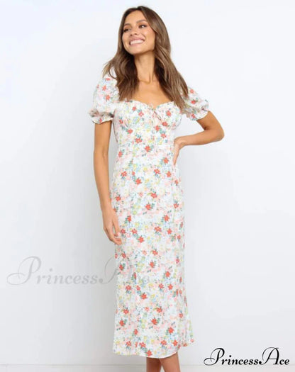 Summer Beach Sweet Dress With Puff Sleeves And Ruffles M / Green Dresses