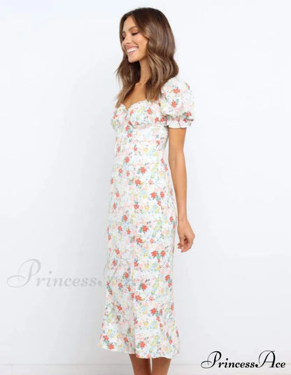 Summer Beach Sweet Dress With Puff Sleeves And Ruffles M / White Dresses