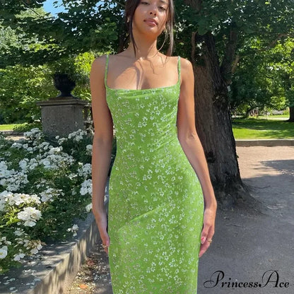 Summer Floral Print Sleeveless Y2K Boho Beach Party Club Casual Midi Dress Green / S
