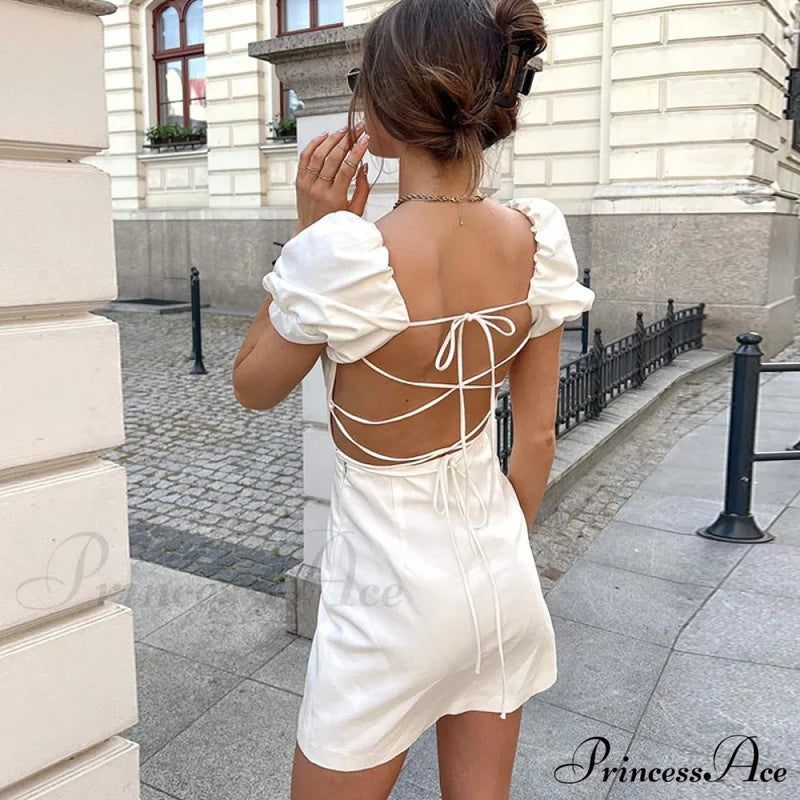 Summer Lace Linen Sexy Backless White Dress M / Pink White Dress