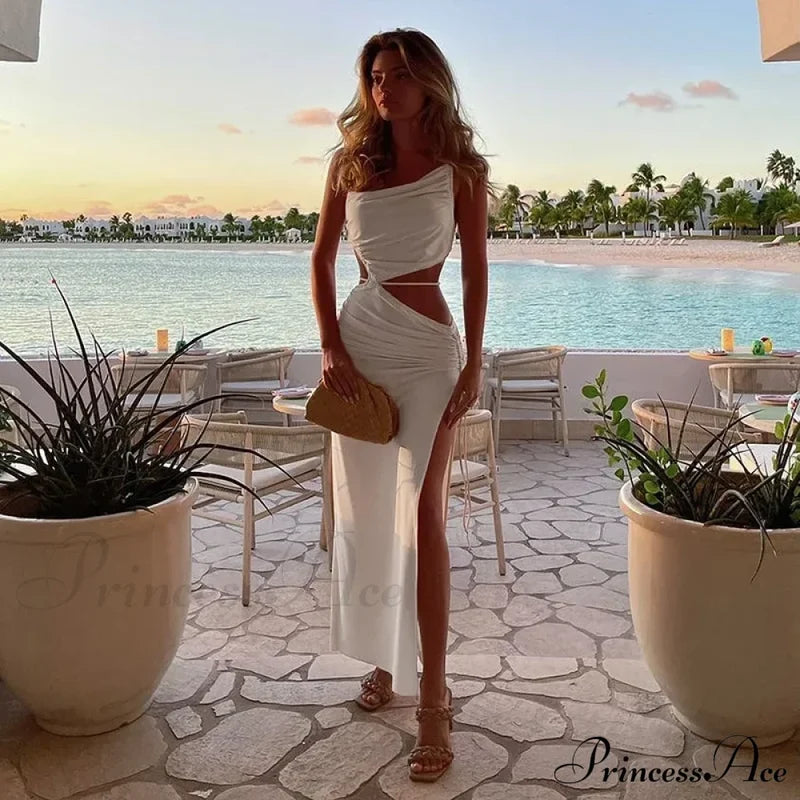 Summer Long Streetwear Bodycon Hollow Out Split Elegant Evening Y2K Clothes Top Cut Dress