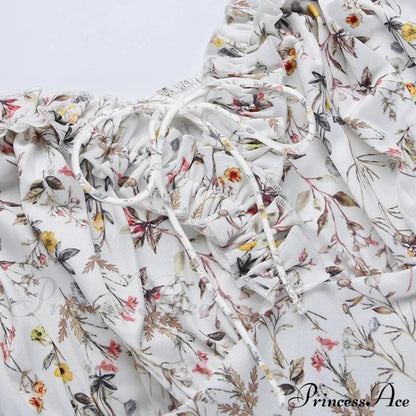 Summer Off Shoulder Puff Sleeve Lace Up Side Split Chic Aesthetic Floral Dress