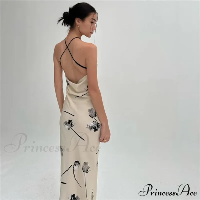 Summer Print Long Halter Backless Satin Split es Women Hot Vestidos Floral Dress