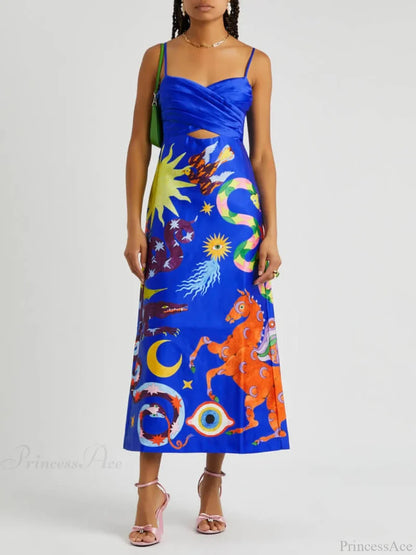 Summer Sexy Satin Backless Graceful Printed Sleeveless Midi Dress Blue / L Dresses