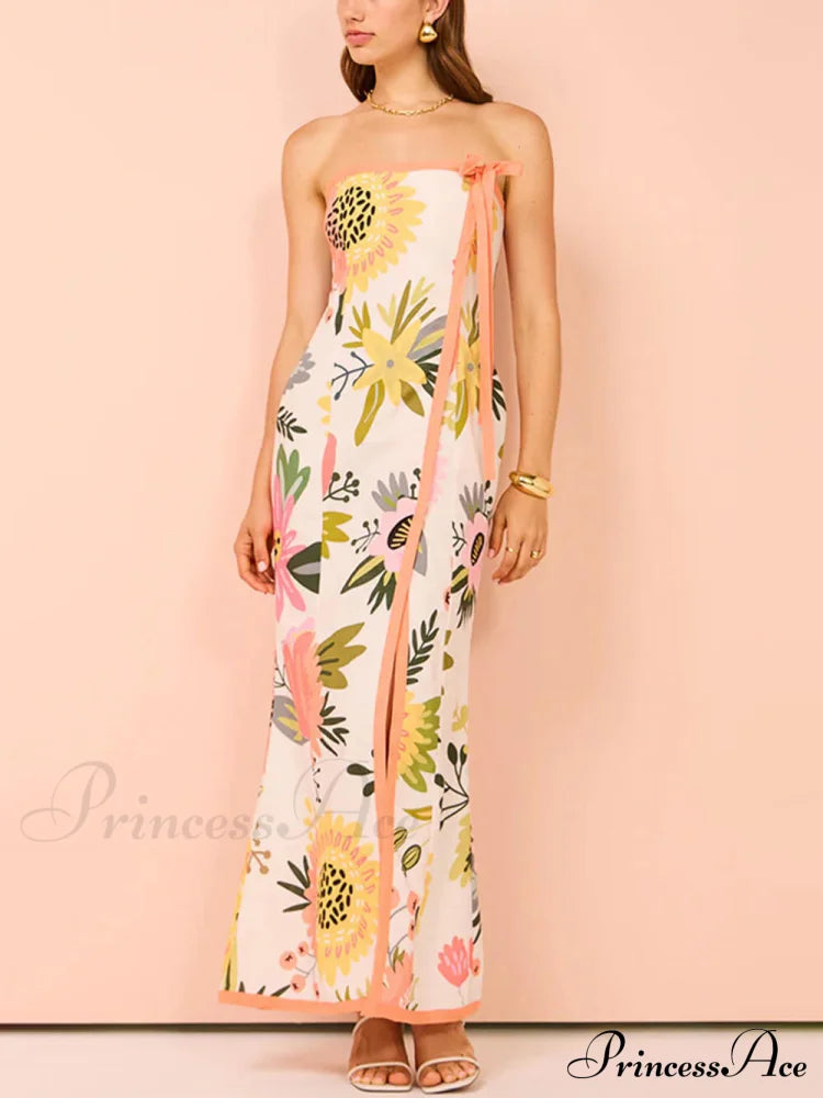 Summer Sexy Split Charming Wrap Printed Dresses Pink / S