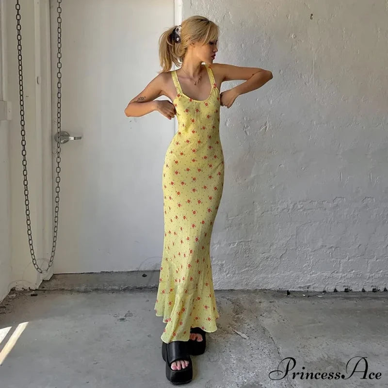 Summer Sleeveless Beach Fashion Floral Print Backless Slim Elegant Club Strap Party Bodycon Dress