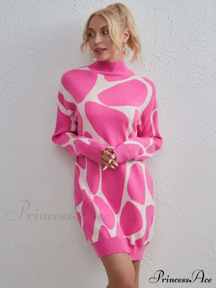 Contrast Mock Neck Sweater Dress Hot Pink One Size clothes H.Y@Maozhi Ship From Overseas Shipping Delay 10/01/2023 - 10/03/2023 shirt shirts sweater top tops trend