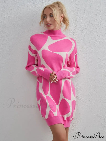Contrast Mock Neck Sweater Dress Hot Pink One Size clothes H.Y@Maozhi Ship From Overseas Shipping Delay 10/01/2023 - 10/03/2023 shirt shirts sweater top tops trend
