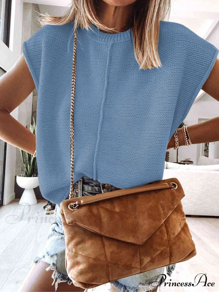 Cap Sleeve Sweater Vest Misty Blue clothes Ship From Overseas shirt shirts tops Y@L