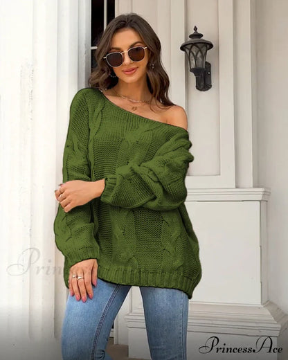 Women's loose knitted sweaters European and American round neck fashionable pullover sweaters Green clothes sweater sweaters top Tops