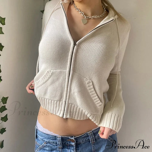 Sweatshirts Hoodies Zip-Up Women’s Long Cardigan Solid Knit Y2K Color Drawstring Casual