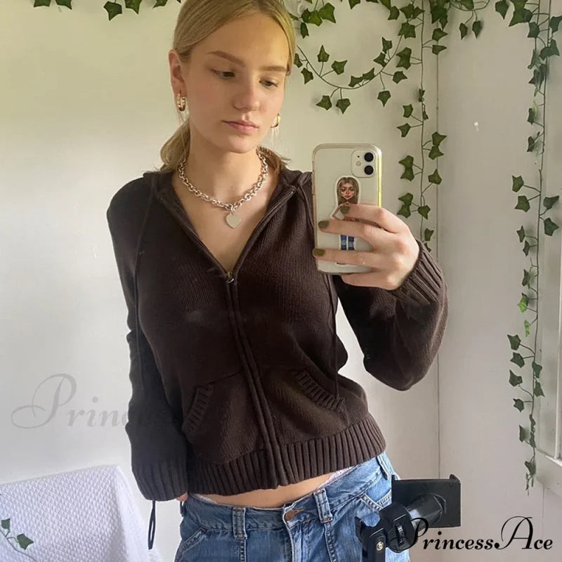 Sweatshirts Hoodies Zip-Up Women’s Long Cardigan Solid Knit Y2K Color Drawstring Casual