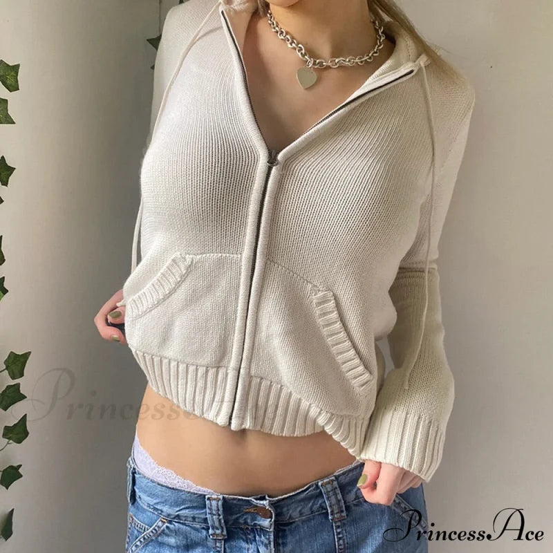 Sweatshirts Hoodies Zip-Up Women’s Long Cardigan Solid Knit Y2K Color Drawstring Casual