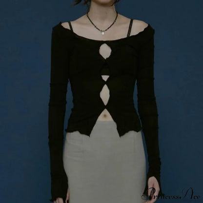 T-Shirt Arm Long For Hollow Top O-Neck Spring Casual Solid Out Women