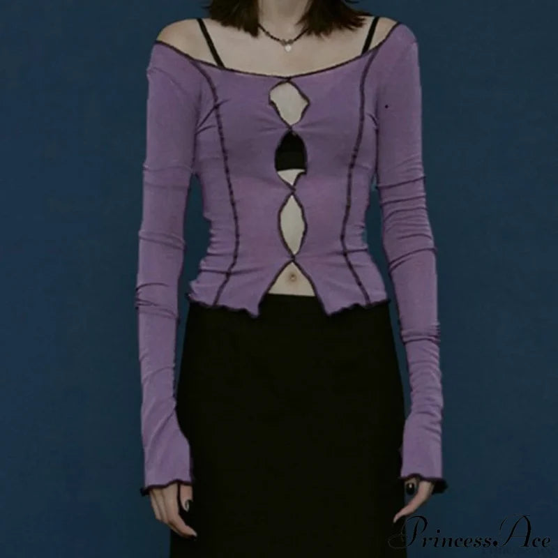 T-Shirt Arm Long For Hollow Top O-Neck Spring Casual Solid Out Women