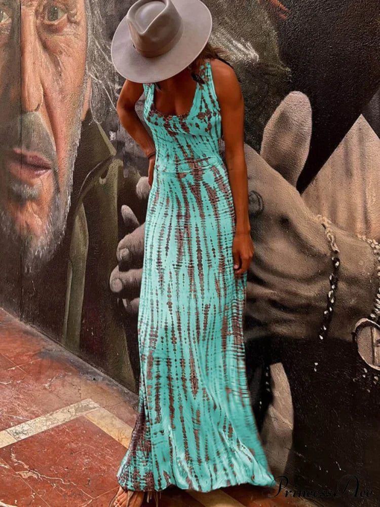 Tie-Dye Print Back Charming Lace-Up Stretch Maxi Dress Cyan / S Dresses