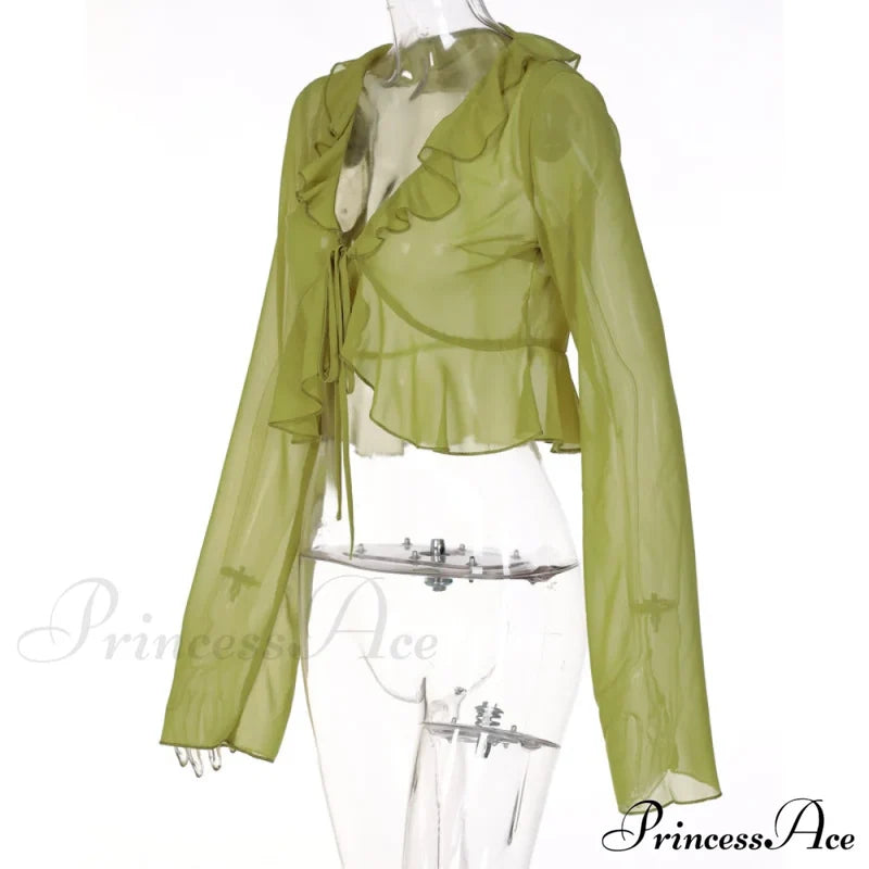 Trim Lace T-Shirt 90S With Chiffon Ruffles Up And Vintage Green Detail