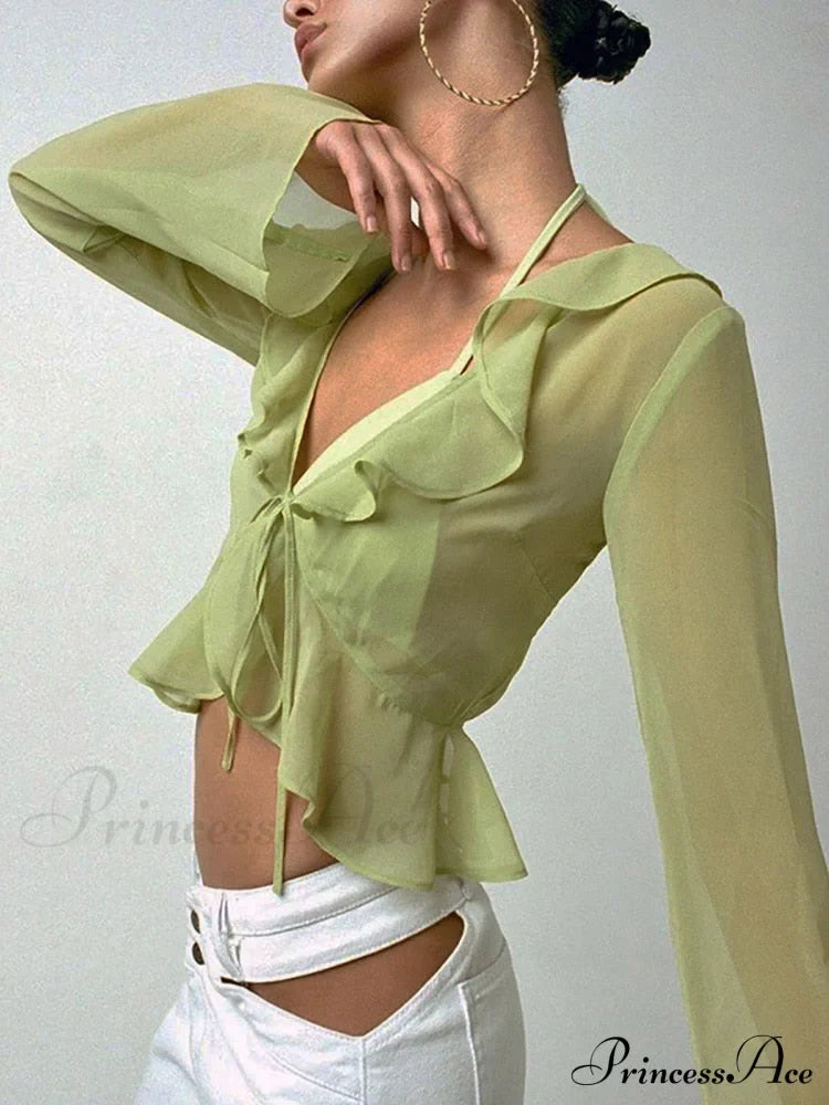 Trim Lace T-Shirt 90S With Chiffon Ruffles Up And Vintage Green Detail