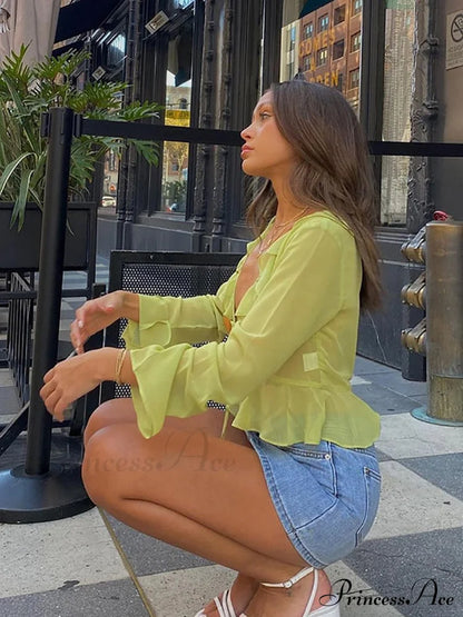 Trim Lace T-Shirt 90S With Chiffon Ruffles Up And Vintage Green Detail