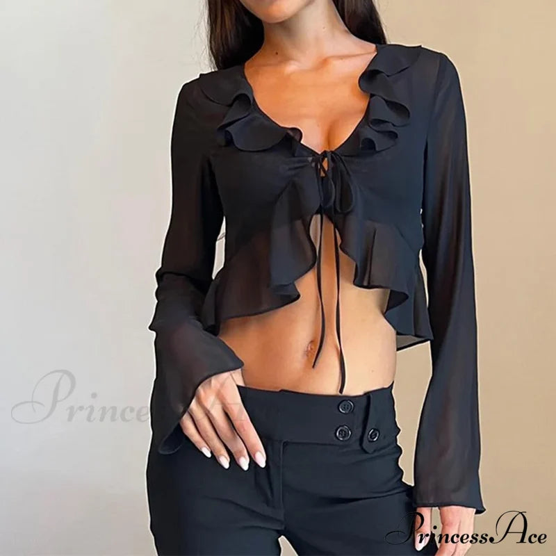 Trim Lace T-Shirt 90S With Chiffon Ruffles Up And Vintage Green Detail Black / S