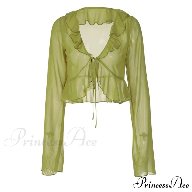 Trim Lace T-Shirt 90S With Chiffon Ruffles Up And Vintage Green Detail Green / S
