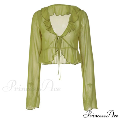 Trim Lace T-Shirt 90S With Chiffon Ruffles Up And Vintage Green Detail Green / S