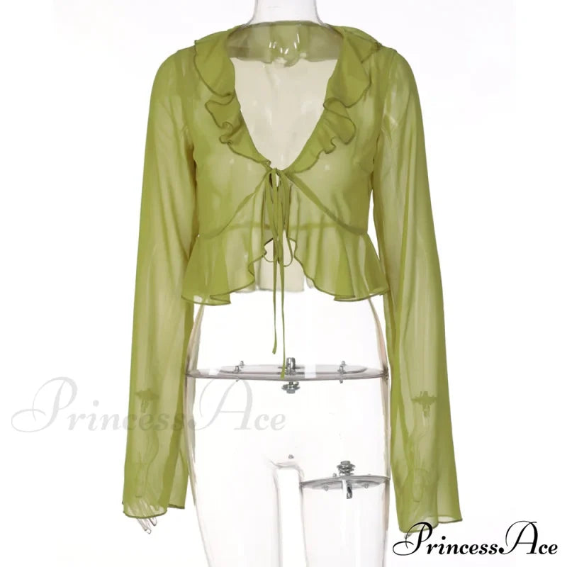 Trim Lace T-Shirt 90S With Chiffon Ruffles Up And Vintage Green Detail